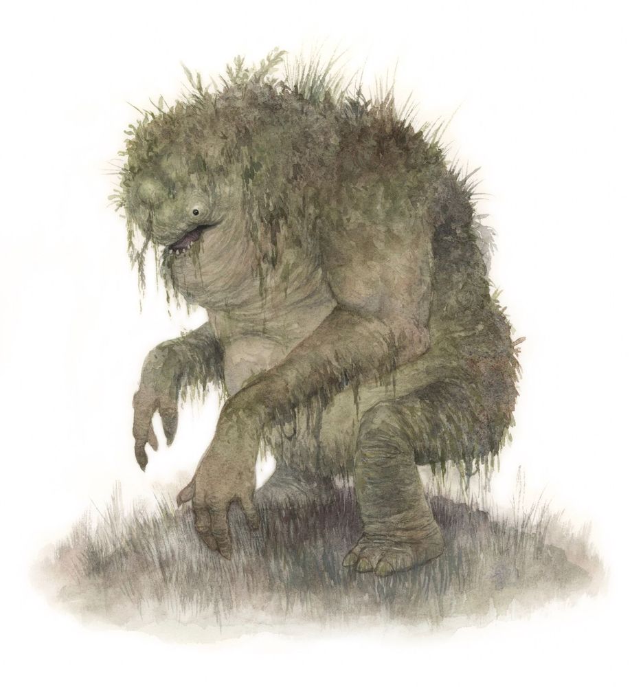 a green squat creature with long arms and covered in moss and other swamp plant life. 