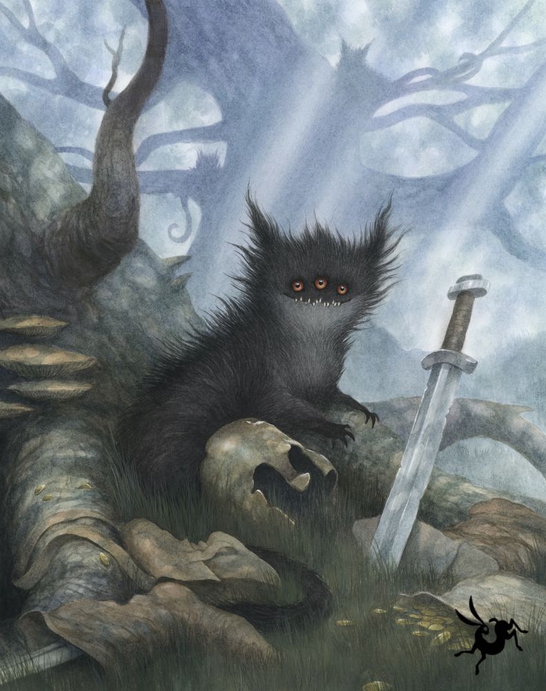A three eyed black furry creature at the base of a tree with various pieces of armour and weapons lying around it. 