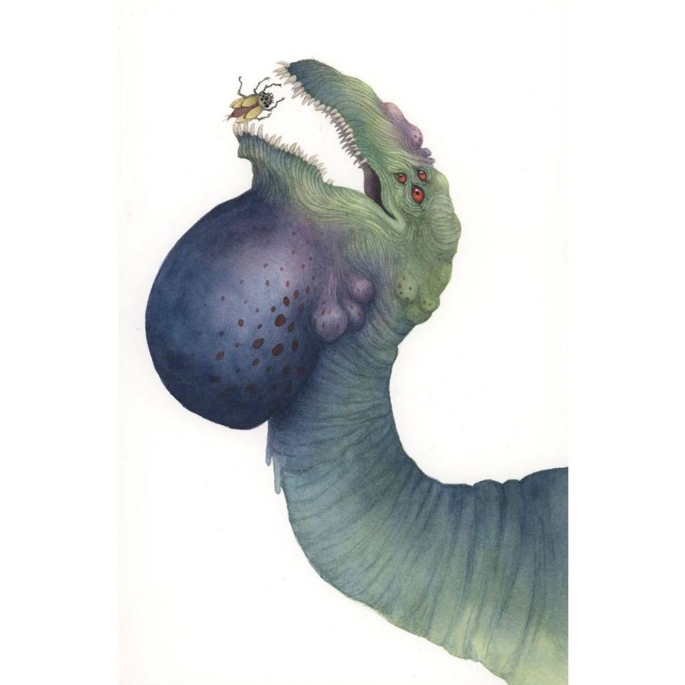 the long neck and head of a creature which is leathery and greenish in colour with a large toothy mouth and six red eyes. It has a large inflatable sack under its chin which is blue with red markings on it. 