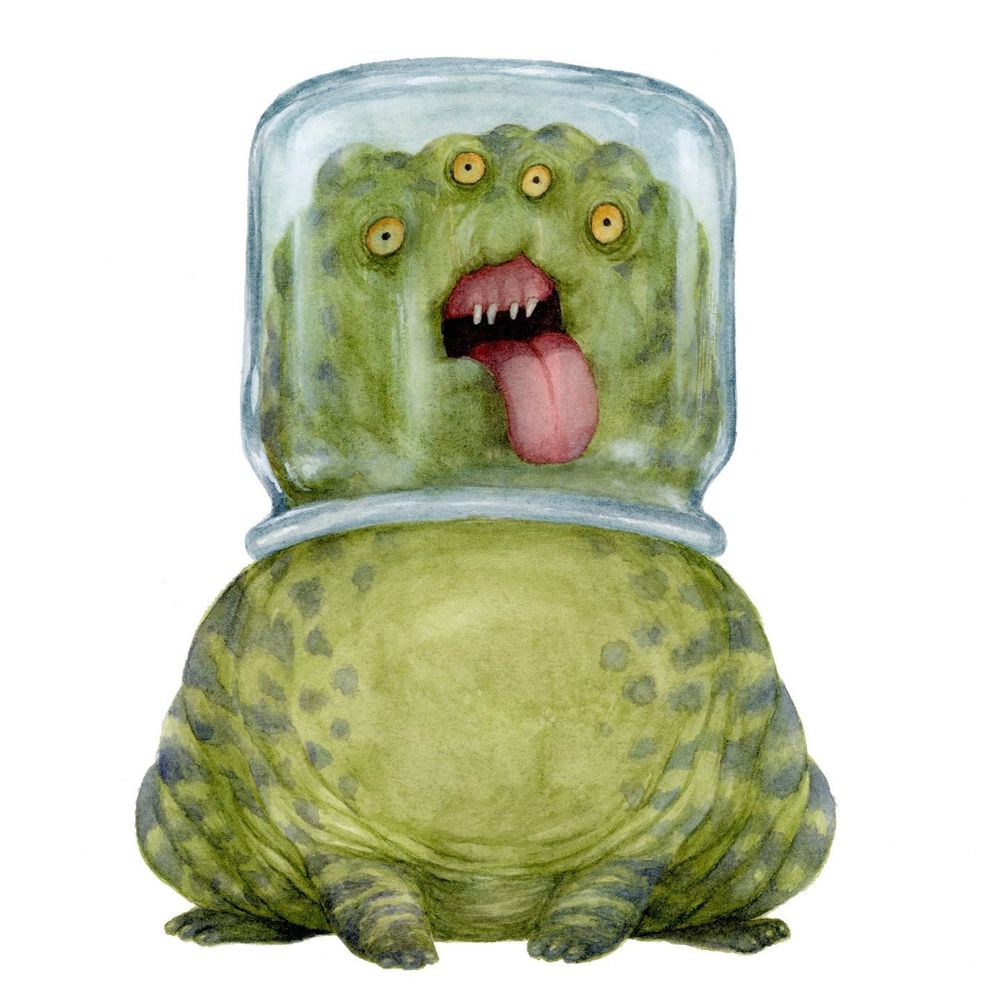 a chubby green creature with a glass jar over its head, you can see its tongue on the inside of the jar and it has four yellow eyes. 