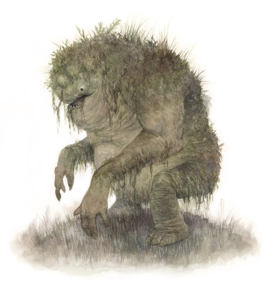 a hunched and squat looking creature with a rounded head and tiny black eyes. Loads of moss and lichens and other dangly things hanging off it. Large hands and a big belly and elephant footed like back feet. 
