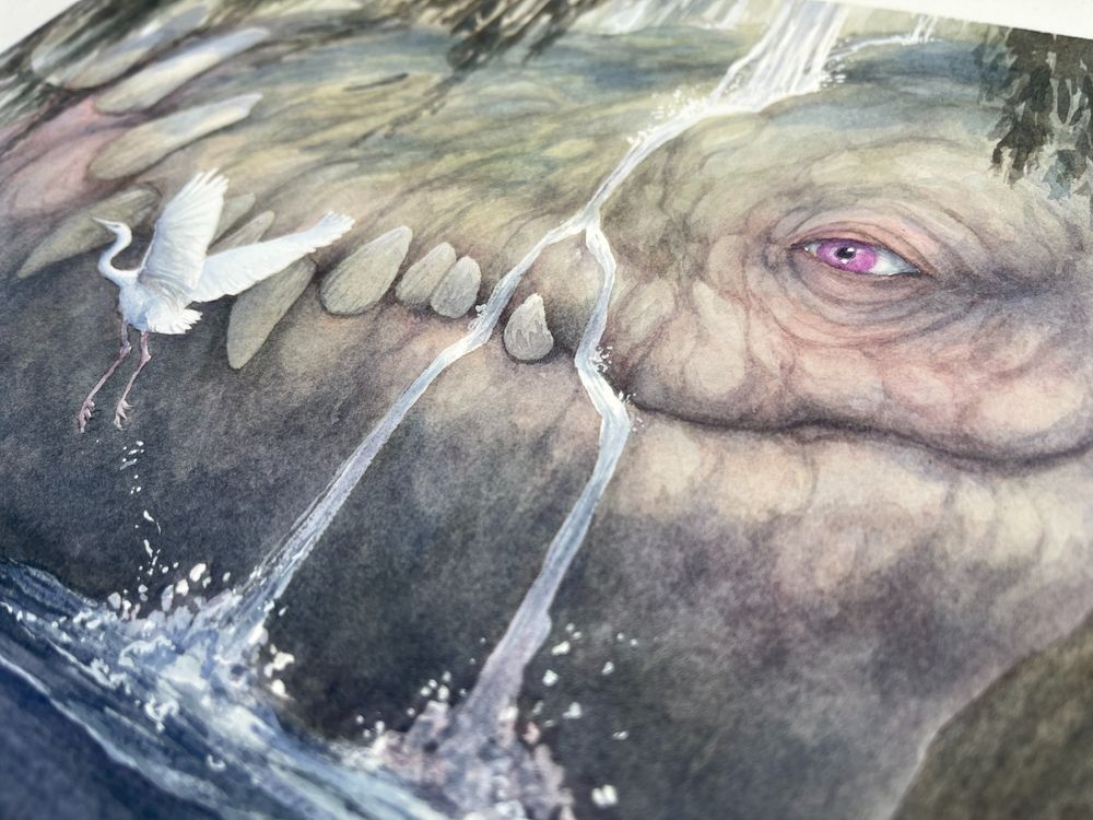 close up view of a peaceful scene of a swamp, with greens, blues and purples, a tree in the foreground and the head of a huge dragon visible resting in the water. A white heron takes off next to the dragon and it's eye is open. 