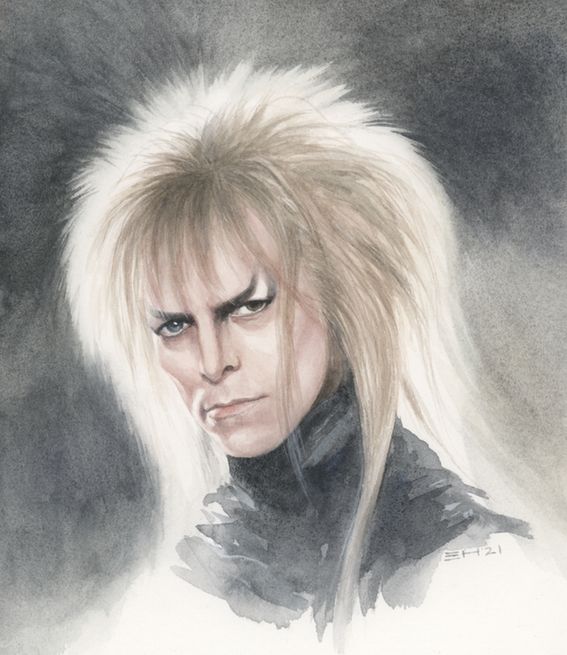 watercolour painting of Jareth from labyrinth with his backlit blonde mullet. 