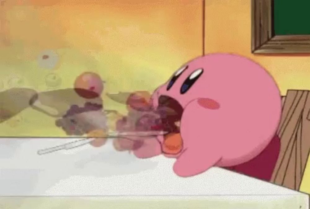 a pink cartoon character is sitting at a table eating fruit