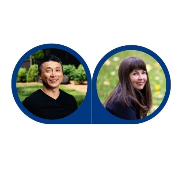 Autumn is a white woman with long brown hair, wearing a dark coat against an outdoor, grassy background. Steve is an Asian man with short black hair, wearing a black t-shirt against a leafy background. Both headshots are in navy, teardrop-shaped frames. 