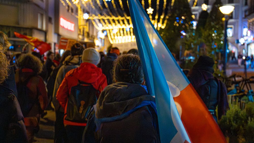 Manifestation de nuit à Limoges pour les droits des migrant·es. Des personnes marchent dans une rue éclairée par des illuminations de Noël, un drapeau France Insoumise rouge et bleu visible au premier plan.