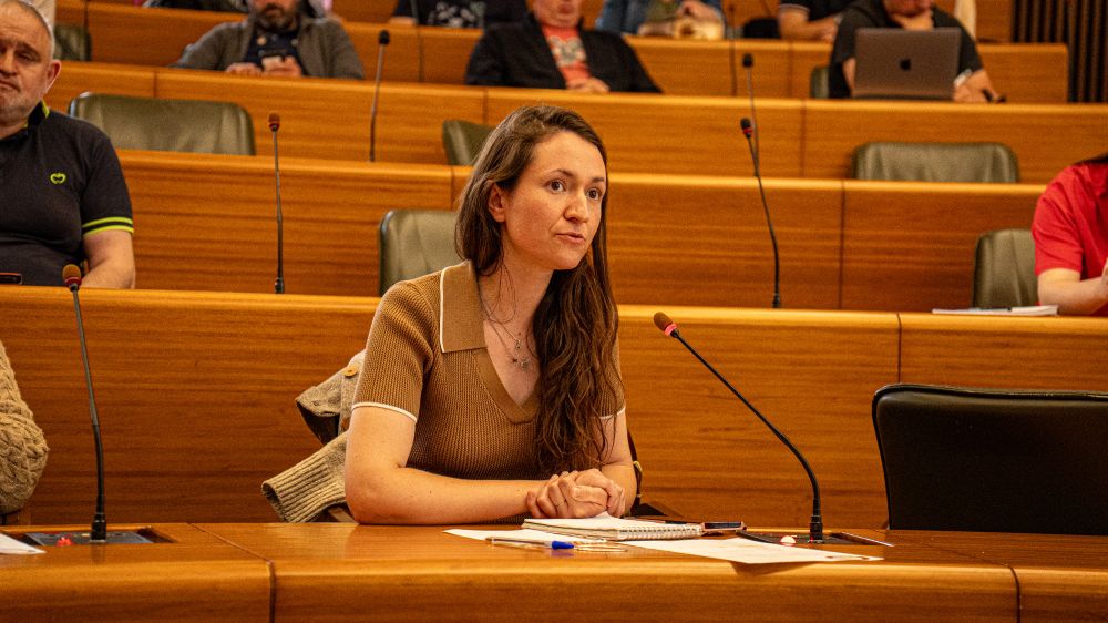 Manon Meunier, députée de Haute-Vienne, prend la parole au micro lors des assises ferroviaires. Elle est assise à une table avec carnet et stylos devant elle, concentrée, dans une salle d’assemblée où d’autres personnes participent à la discussion.
