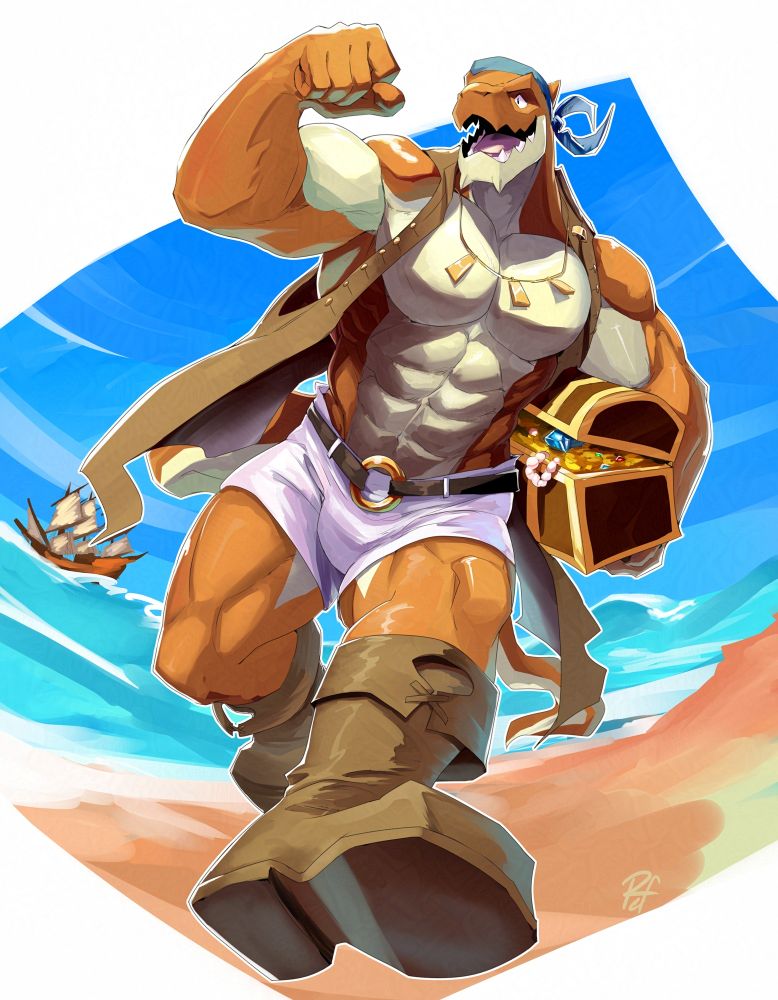 A big, beefy, smiling lizardfolk is running excitedly towards the camera along a shoreline, wearing a pirate-y outfit and carrying a treasure chest under his arm like a football.
His outfit consists of a bandana, a gold necklace, long vest and boots, and of course, white short shorts.
Behind him is the ocean, with a pirate ship in the distance. The background scene is stylistically cropped around him.
