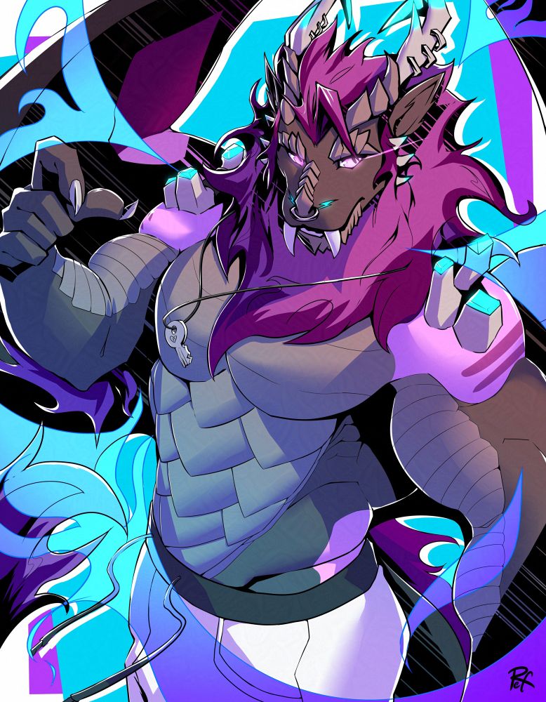 A stylized, high angle drawing of a muscular, shirtless eastern dragon man with black and gray scales, pink coloration on his shoulders, large wings, and a purple mane. Blue and purple fire shapes overlay the picture all around him.
He has saber teeth, a nose ring, and rings on his horns, which have glowing blue tips. He also has blue crystal tipped structures growing out of his shoulders. Around his neck is a string holding a key with a heart and "P" engraved on it.