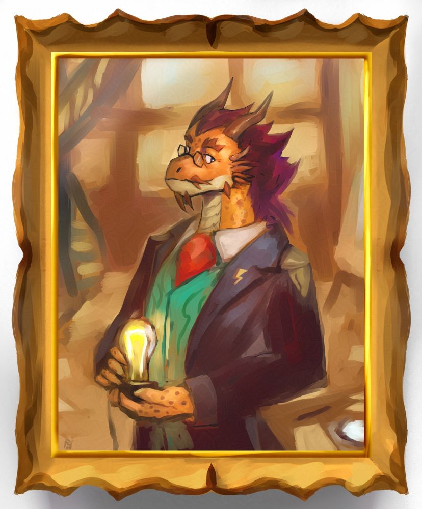 An image of a framed portrait on a museum wall. The portrait itself is painterly-styled, and is of an orange dragon man with glasses and fine clothes, standing in a classic portrait pose in his workshop while holding a lit light bulb in his hands.  The man in the portrait has a weak smile on his face.
In the corner of the portrait, a pale, disc-like glassy crystal sits on his desk, roughly in the direction he appears to be looking.