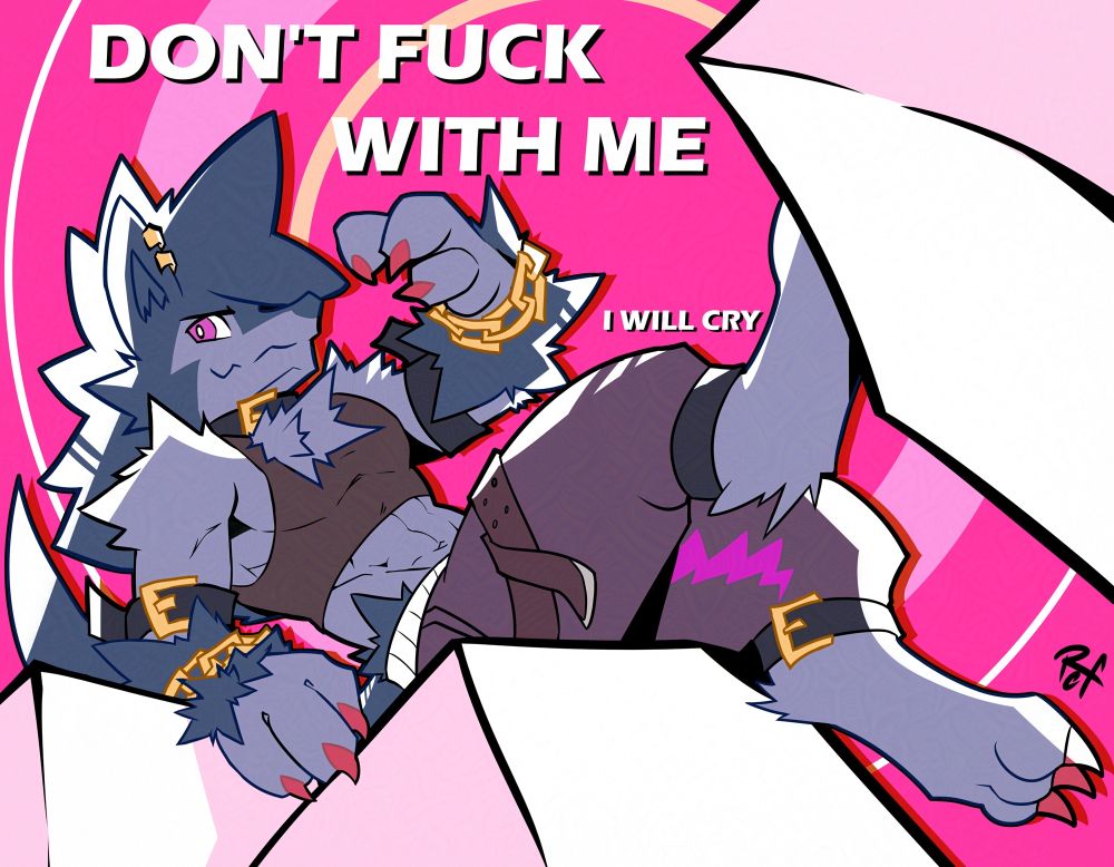 A low angle, stylized drawing of an anthropomorphic manectric wearing a punk-style outfit and lounging on white boxes against a bright pink background, smirking and looking down at the viewer. 
His clothing consists of a croptop and baggy shorts, adorned with belts, golden chains, and gold earrings. 

The background has concentric white, pink, and yellow circles, with large text just above the character saying 
"DON'T FUCK WITH ME
I WILL CRY"