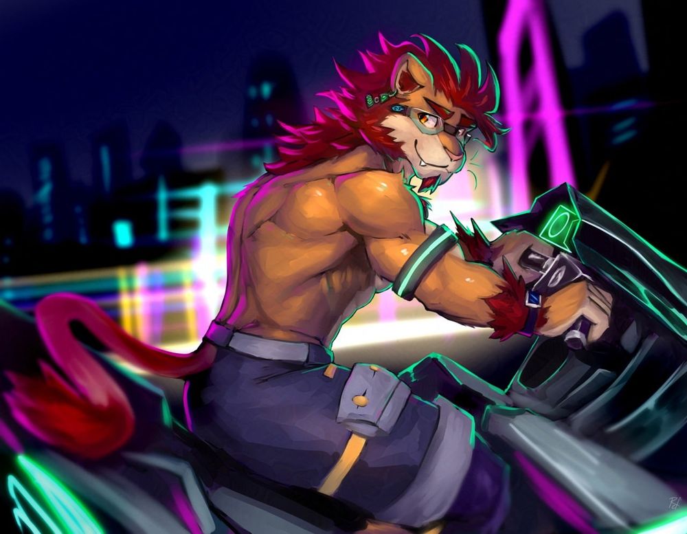 A digital painting of a muscular lion man looking over his shoulder as he drives a hover bike through a futuristic city at night. The lion is wearing slick goggles, shorts, and a glowing armband with no shirt on. Behind him, the city has multicolored neon lights speeding by.