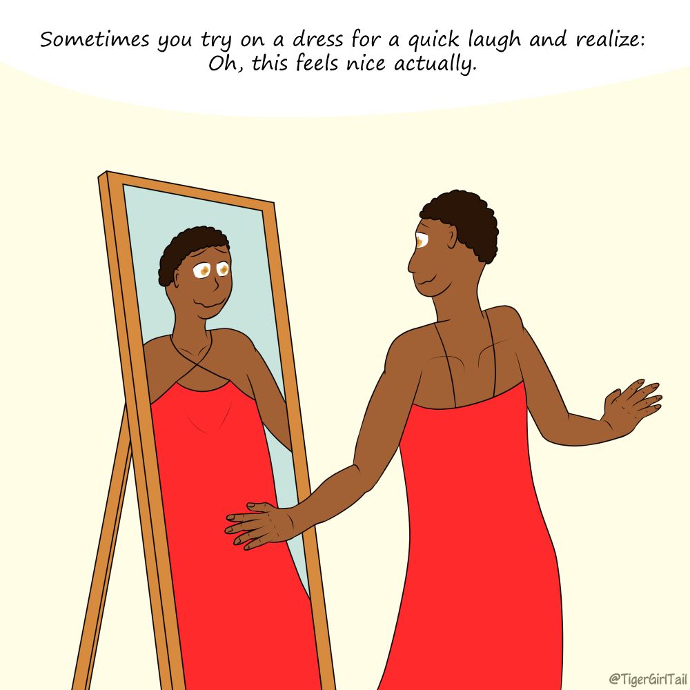 A dark-skinned person wearing a long red dress is posing in front of a mirror with an uneasy smile on their face.  Text reads: "Sometimes you try on a dress for a quick laugh and realize: Oh, this feels nice actually."