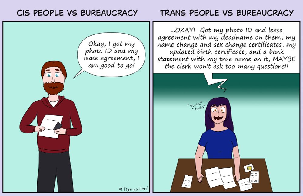 Left panel:

Heading: Cis People Versus Bureaucracy

A red-haired cis man is holding a piece of paper and a passport.  Dialog reads, "Okay, I got my photo ID and my lease agreement, I am good to go!"

Right panel:

Heading: Trans People Versus Bureaucracy

A purple-haired trans woman is sitting at a table with a visibly stressed expression.  The table holds multiple pieces of paper as well as a photo ID card.  Dialog reads, "OKAY!  Got my photo ID and lease agreement with my deadname on them, my name change and sex change certificates, my updated birth certificate, and a bank statement with my true name on it, MAYBE the clerk won't ask too many questions!!"
