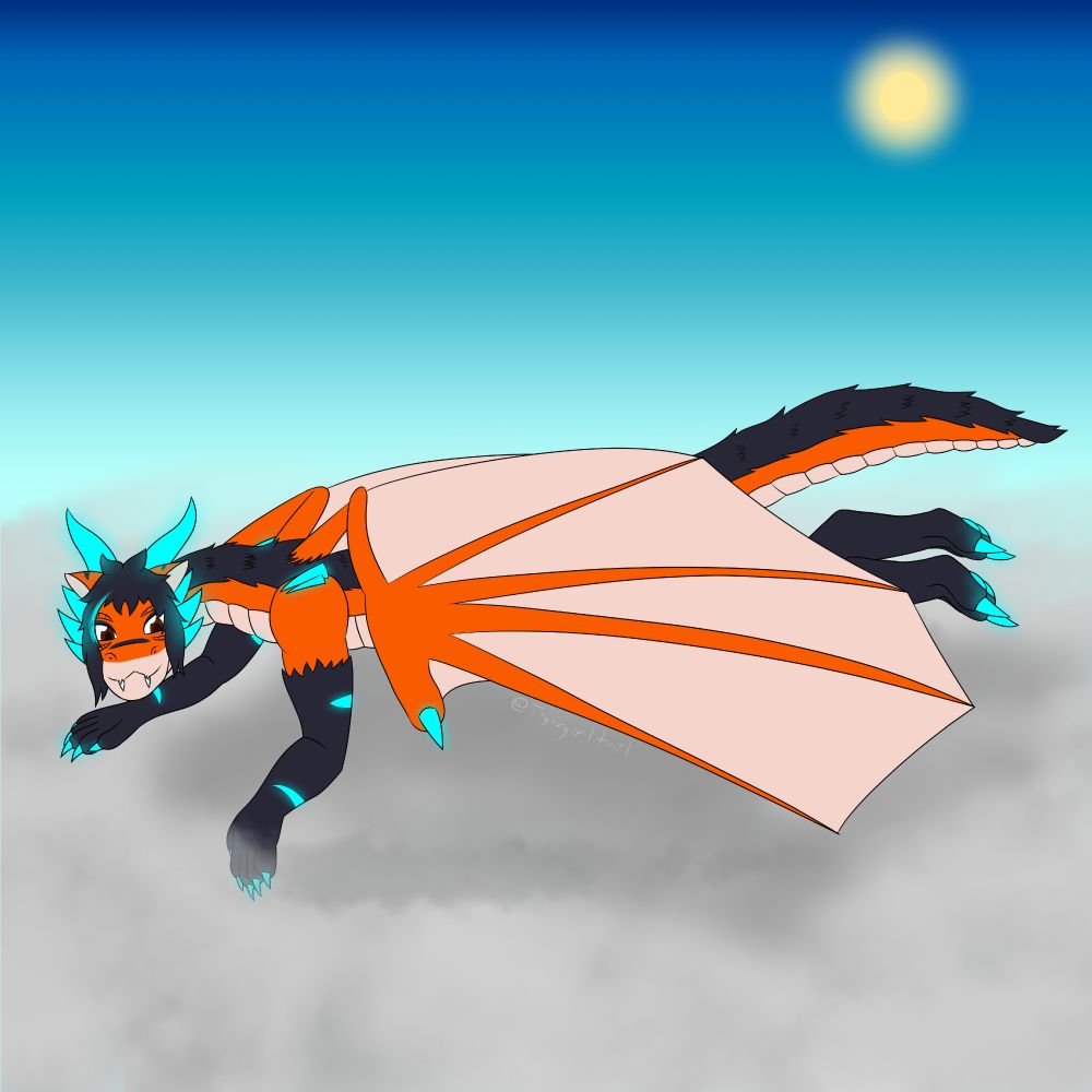 An orange tiger-dragon with black fur, black hair, and glowing blue horns and stripes flies just above a thick layer of clouds, dipping her forearm into the clouds.