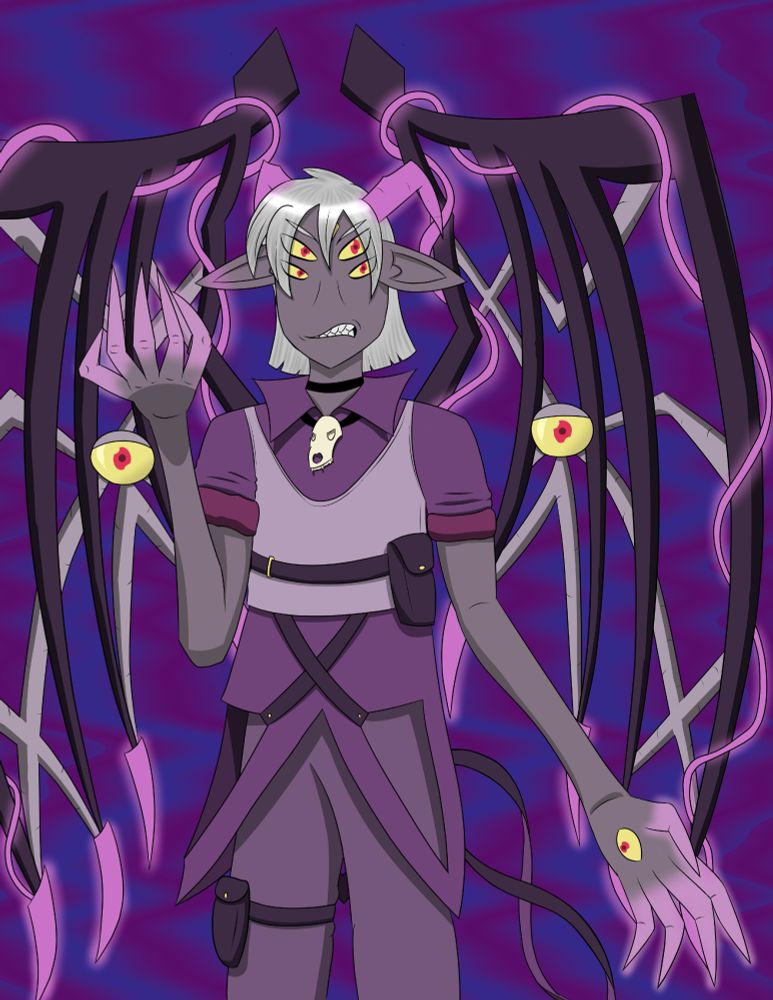 A grey-skinned, pale-haired nightmare demon with bony wings and glowing purple claws stands against a swirling purple background.  It has a dismissive scowl on its face.