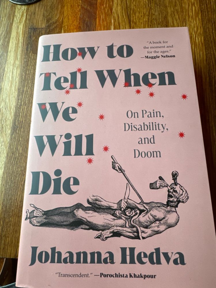 Picture of book by Johanna Hedva, entitled How to Tell When We Will Die:  On Pain, Disability, and Doom.  Pink cover with detail from The Reward of Cruelty by William Hogarth 
