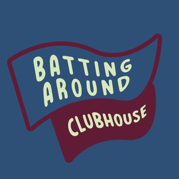 The new batting around Patreon logo made to look like two pennants blowing in the wind with Batting Around written on a navy blue one and Clubhouse written on a maroon one. The background is also navy blue. 