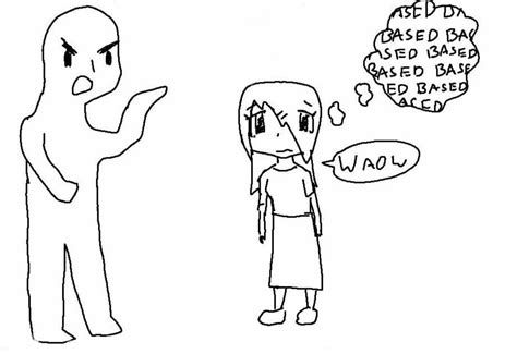 lady being yapped at by angry guy and responds "waow" meanwhile her thoughtbubble reads "based based based based based based based based based"