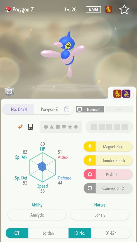 A shiny Porygon-Z with the Gameboy Mark, originally from the Kanto region and caught in Pokémon Yellow, stored in Pokemon Home