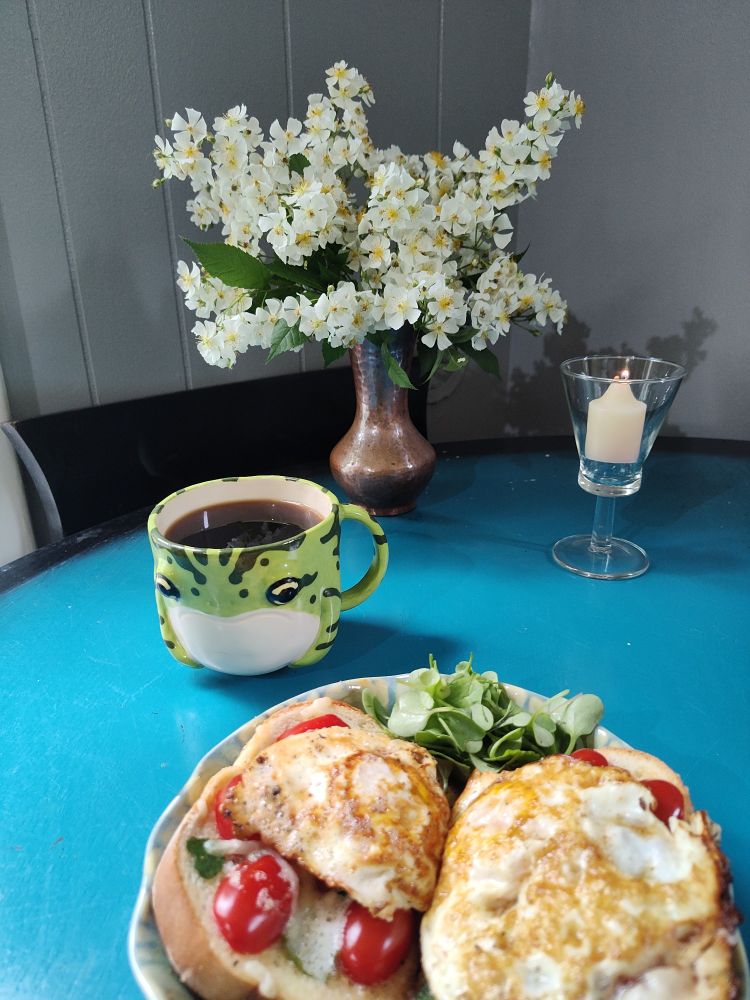 Roses from my garden, a candle for my birthday, and the time to enjoy fried eggs over tomatoes with a cup of coffee before work. 