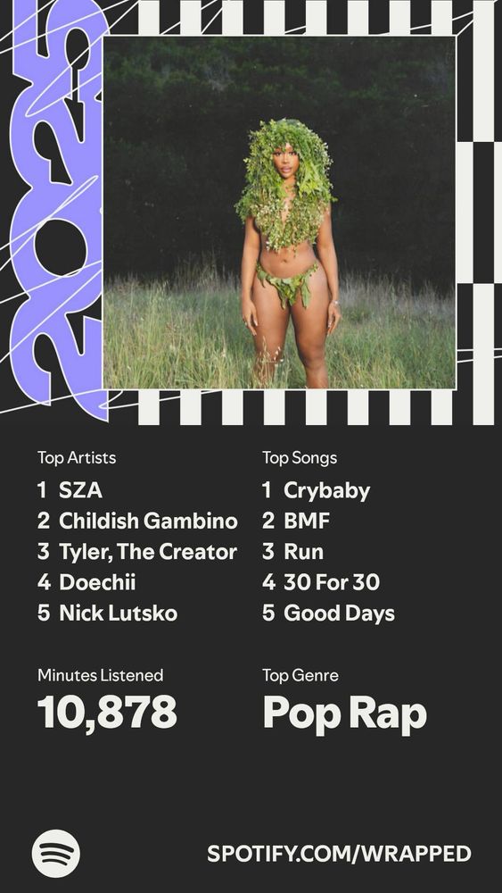 spotify wrapped screenshot

Top Artists
1 SZA
2 Childish Gambino
3 Tyler, The Creator
4 Doechii
5 Nick Lutsko

Top Songs
1 Crybaby
2 BMF
3 Run
4 30 For 30
5 Good Days

Minutes Listened
10,878

Top Genre
Pop Rap