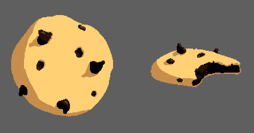 Top view of a chocolate chip cookie next to a side view of same cookie bitten, showing a completely filled interior of chocolate.