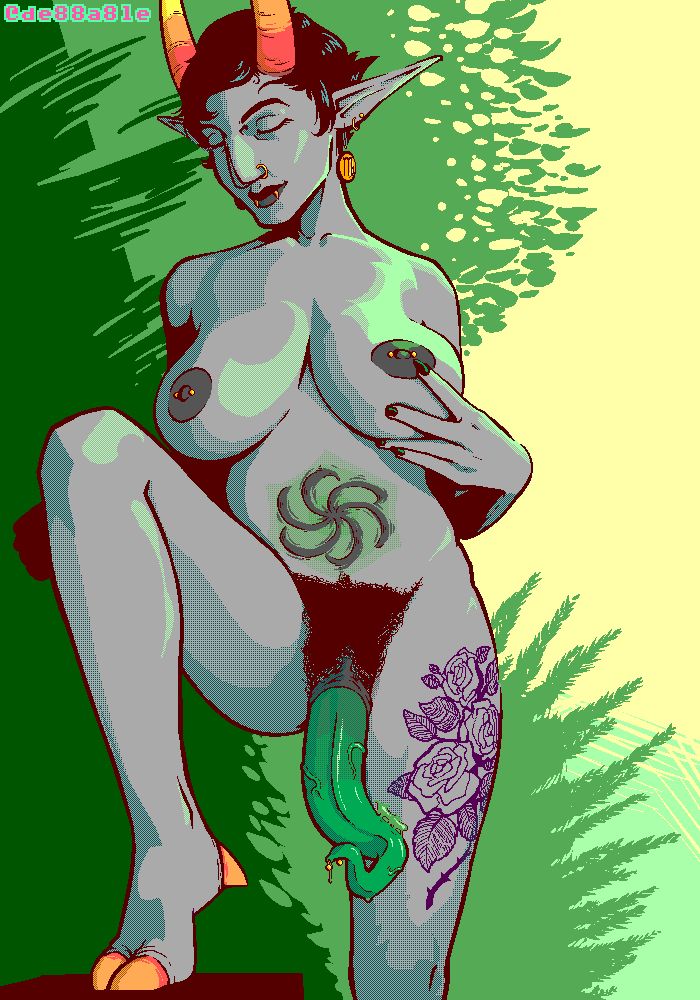 kanaya maryam stands in a lush, sunlit garden, naked and serene. her knee is propped up on a bench, allowing her to show off her extended tentabulge. it curls against her leg, leaving a small trail of slime where it makes contact. she holds one of her impressive breasts in her hand, lifting it up slightly. between her legs, a thick bush of pubic hair covers much of her crotch, leaving only the dark gray sheath of her bulge revealed. piercings adorn her nose, ears, nipples, and bulge, and there is a purple tattoo of several roses on her left thigh.