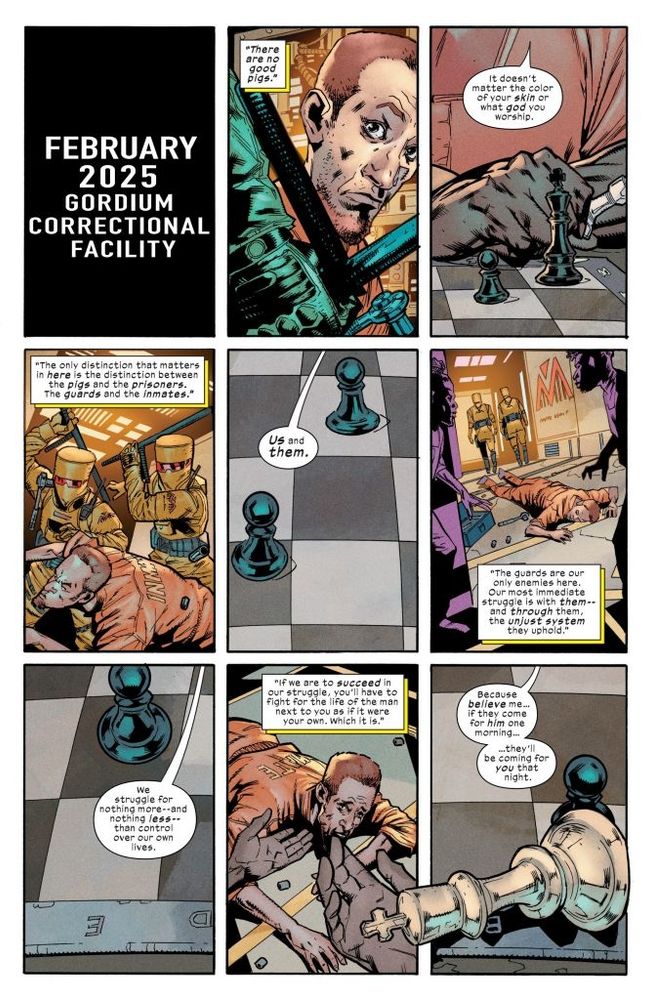 9 grid panel from Marvel Comics 'The Ultimates' #9 by Deniz Camp and Chris Allen showing Luke Cage play chess while quoting Marxism, as a prisoner is wrongfully beaten by A.I.M. guards.