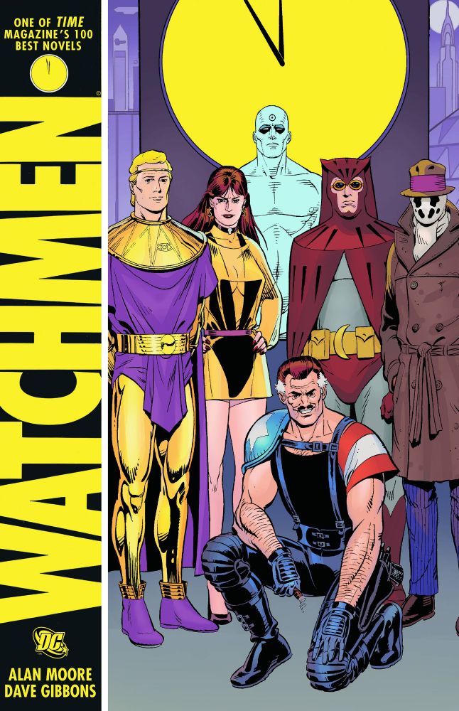 Cover of DC Comics Graphic Novel 'Watchmen'. The cover features the cast of heroes posed in front of a yellow clock tower, the hands five minutes to midnight. The cast includes: The Comedian, Nite Owl, Rorschach, Silk Spectre, Ozymandias and Dr. Manhattan.