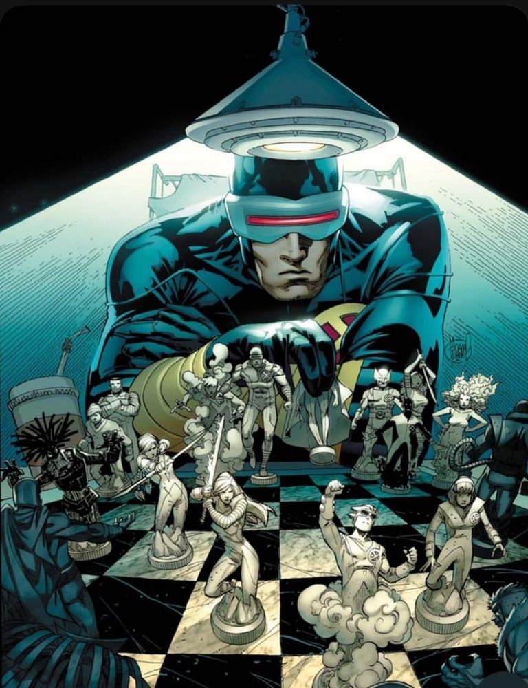 Cover of Utopia era Uncanny X-Men with Cyclops strategically planning his mutant team on a chessboard 