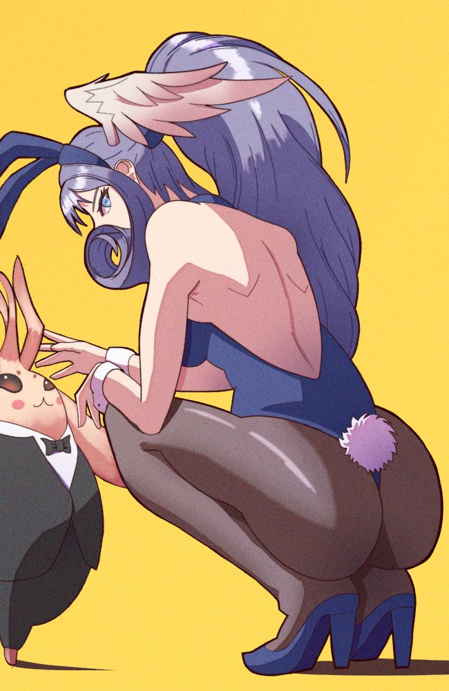 Melia Antiqua from Xenoblade Chronicles is sitting on her heels with her back to the viewer, while wearing a blue bunny suit, blue rabbit ears, blue heels and standard tights. In front of her stands Riki, wearing a Tuxedo. She is reaching out to pet him, looking over her shoulder at the viewer, her face partially obscured by one of her large hair curls.