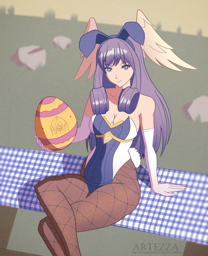 Melia Antiqua is sitting on a park picnic table. She is holding a large yellow and pink striped egg, while wearing a bunny suit. She has white gloves reaching up close to her shoulders, and the torso is stylized like her Xenoblade 3 Hero outfit.