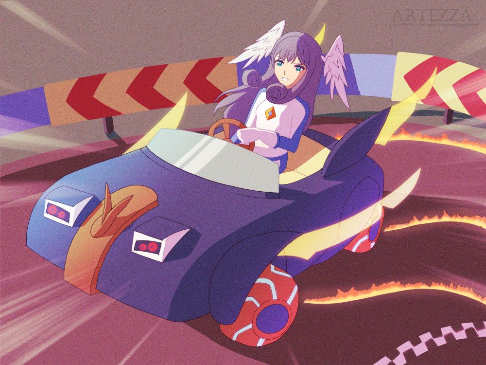 Melia Antiqua is driving a go kart while wearing a racing suit. The kart is styled after a Keves Levnis with a blue paint job with orangey-gold decorations and wheels. There are energy wings on the sides and back of the car. There are flames on the road trailing from the karts wheels. She's turning a corner and is leaning sideways as she drifts across the track.