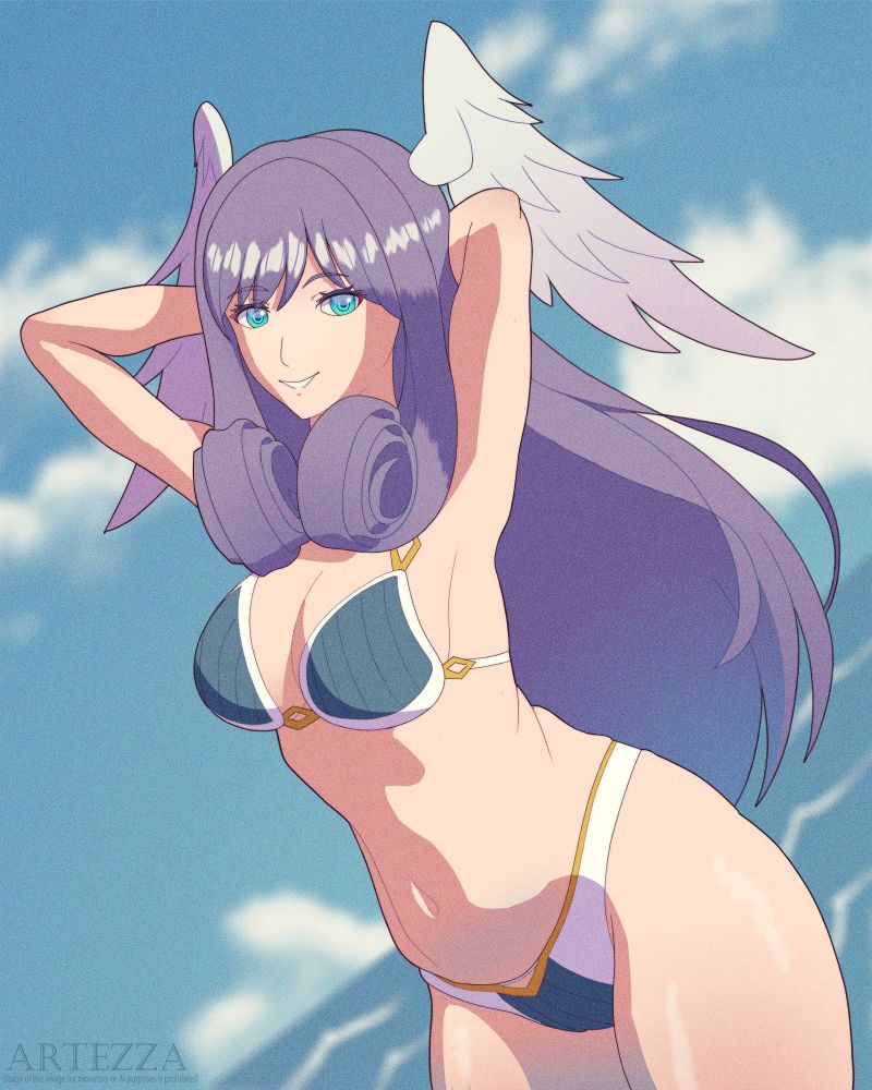 eMelia Antiqua from Xenoblade Chronicles 3 standing in the sea, wearing a two piece swimsuit. She's stretching back with her arms behind her head, a smile on her face. The swimsuit is vaguely reminiscent of her postgame outfit, with blue and white fabric with some gold spots here and there. The viewing angle shows the a wide view of the sky behind her, with clouds rolling past. Her legs are noticeably wet, and there's a vague reflection of light from the water.