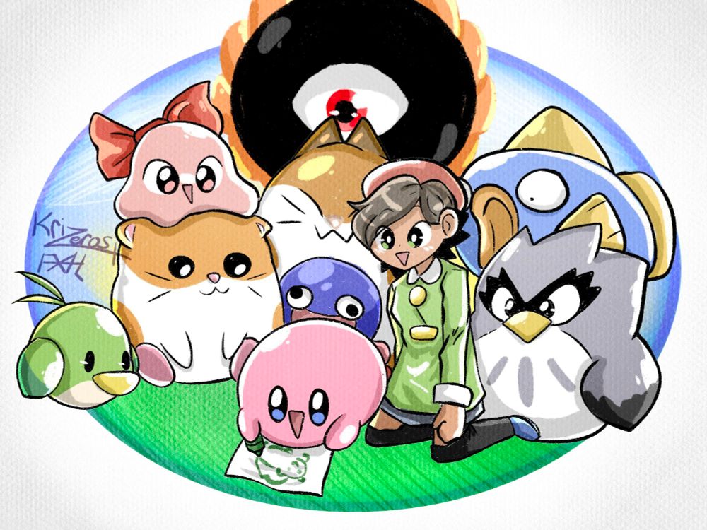 Fanart by prisoners of Kirby lying on grass and sketching while various other cartoon characters watch; those with faces that allow it are smiling.