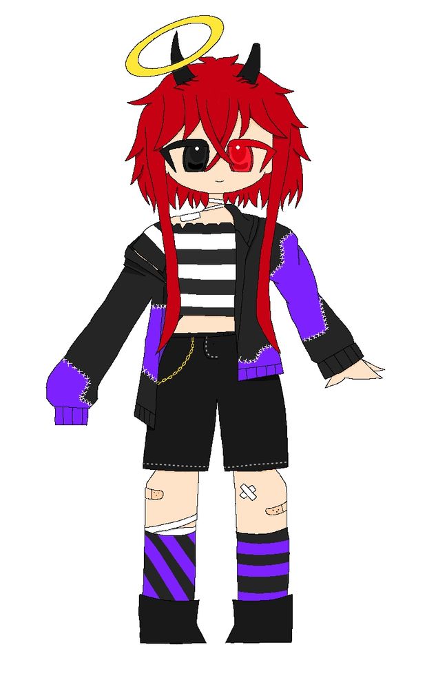 Drawing of my persona named Sigma, they are wearing a striped black and white shirt with a purple and blue jacket over it, some black knee-length shorts with a yellow chain, some black and purple socks, one with horizontal stripes and one with stripes at a 45° angle (I forgot the word sorry) and black shoes. The character has red hair and one of the eyes is black, the other is red. They have black horns and a yellow halo