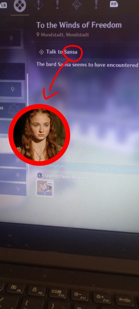 A picture of the quest "talk to Sansa" in the quest chain "To the Winds of Freedom" from Genshin Impact. The word "Sansa" is circled and with an arrow pointing to a picture of Sansa Stark from the series Game of Thrones.