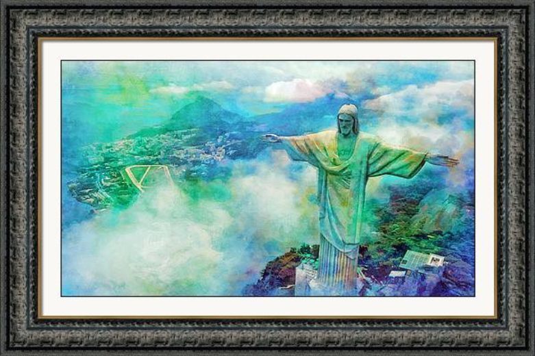 Christ the Redeemer statue, Cristo Redentor, in Rio de Janeiro - cool colors digital art Framed Print