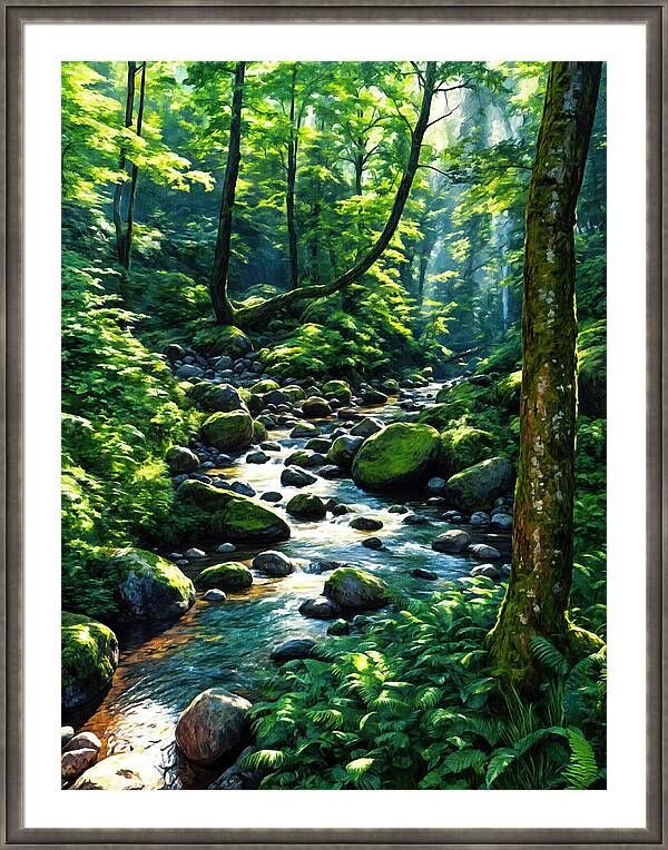 Forest creek running through stones covered in moss