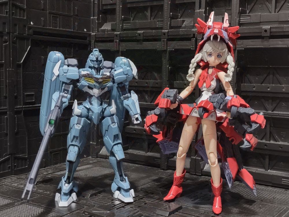 HGTWFM Gundam Lfrith Pre-Production Model next to Megami Device Chaos & Pretty Little Red