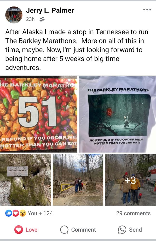 Screenshot from Facebook showing Jerry L Palmer ran the 2025 Barkley Marathons.