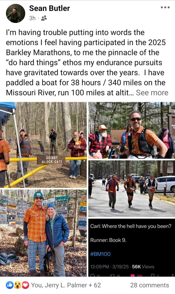 Screenshot from Facebook showing Sean Butler ran the 2025 Barkley Marathons.