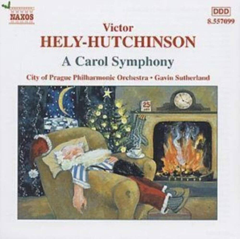 The cover image of the City of Prague Philharmonic Orchestra's recording of 'A Carol Symphony'. It has a painting of Father Christmas asleep in front of a fire, with a cat on his lap.