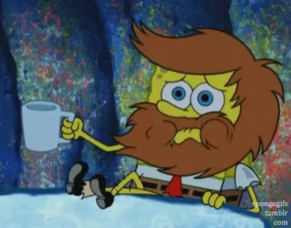 a cartoon of spongebob with a beard holding a cup