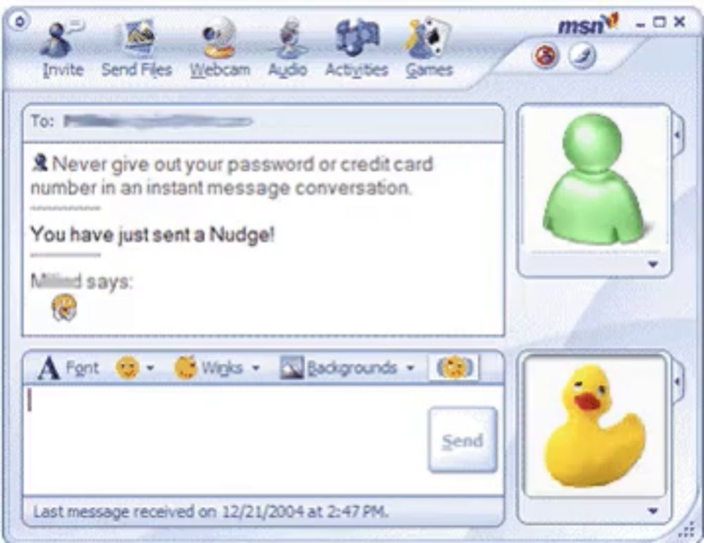 a screenshot of a msn chat window with a yellow rubber duck