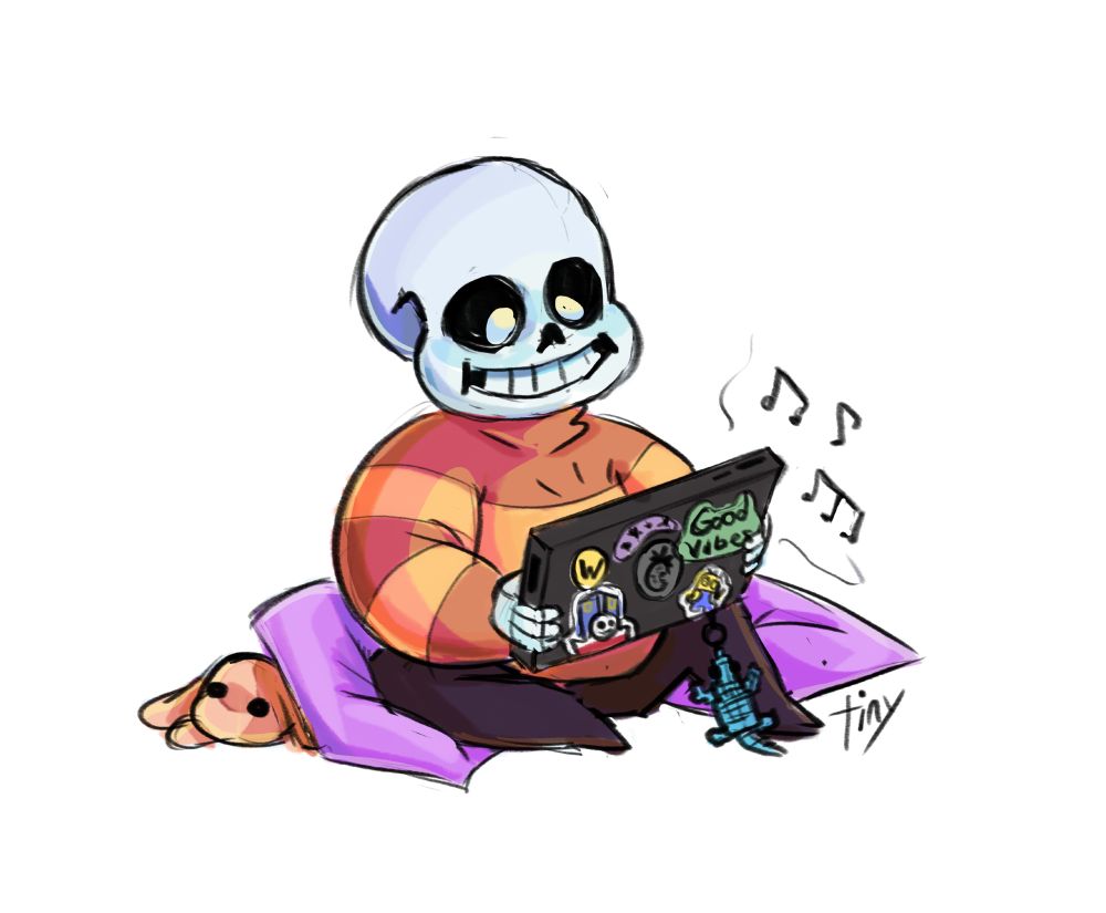 Kid Sans is watching something on his tablet, sitting on some cushions and a poor bunny plushie (rip)