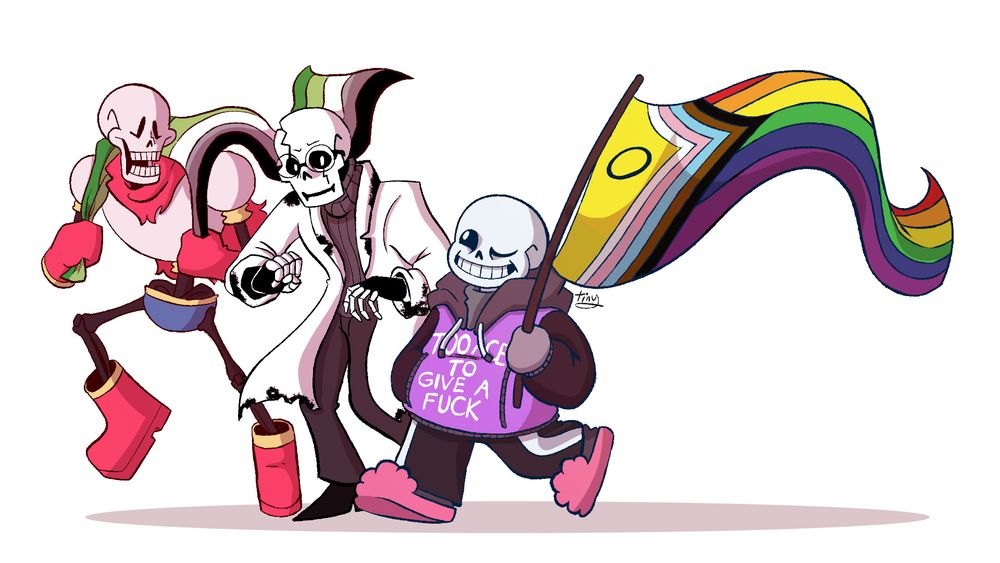Sans, Papyrus and Aster from the "Gaster's Return" comic are walking for pride, Papyrus having an aromantic flag around his neck and Sans with an asexual hoodie and a BIG LGBTQIA+ flag. Aster seem confused but follows