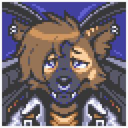 A pixelated portrait of an anthropomorphic wolf & shark hybrid with long brown bangs that drape down the side of their face. They've got a lot of piercings, a nose ring and two small rings atop their chipped ears.