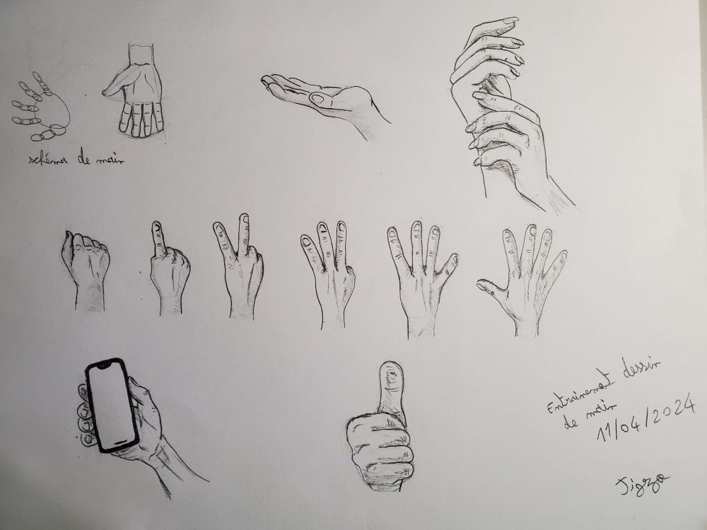 Feuille canson avec des dessins au crayon de bois. 
Texte "schéma de main" "entraînement dessin de main 11/04/2024 Jigzo". Un schéma de main en haut à gauche. Une main à plat. Deux mains enlacés. Six mains mises à la suite représentant un comptage de 0 à 5. Une main tenant un téléphone. Une main avec un pouce en l'air.